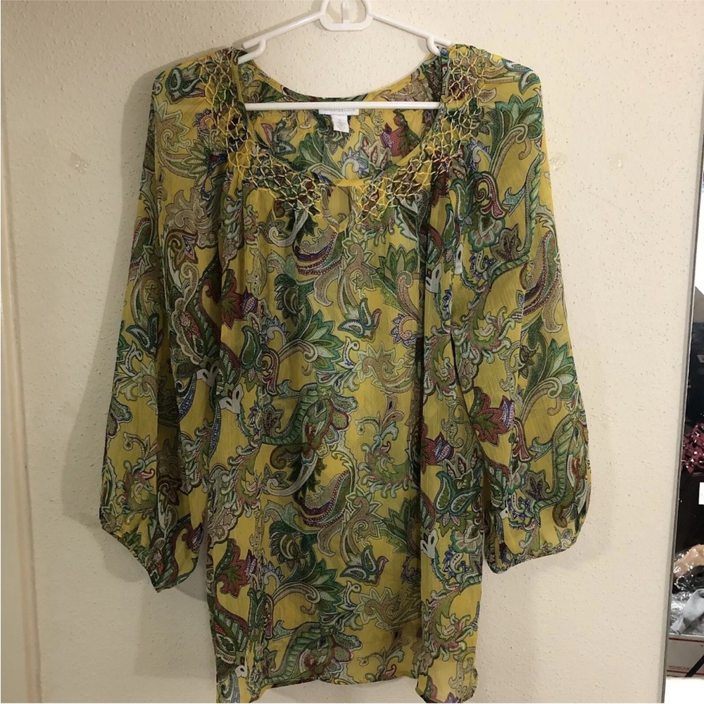 Charter Club Womens Paisley Smock Sleeve Top Size M Yellow Crotchet Sheer Summer